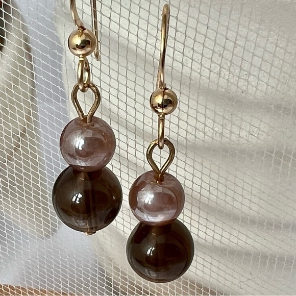ARTISAN Moonstone & Smokey Topaz Beaded Gold Earrings - Picture 3 of 17